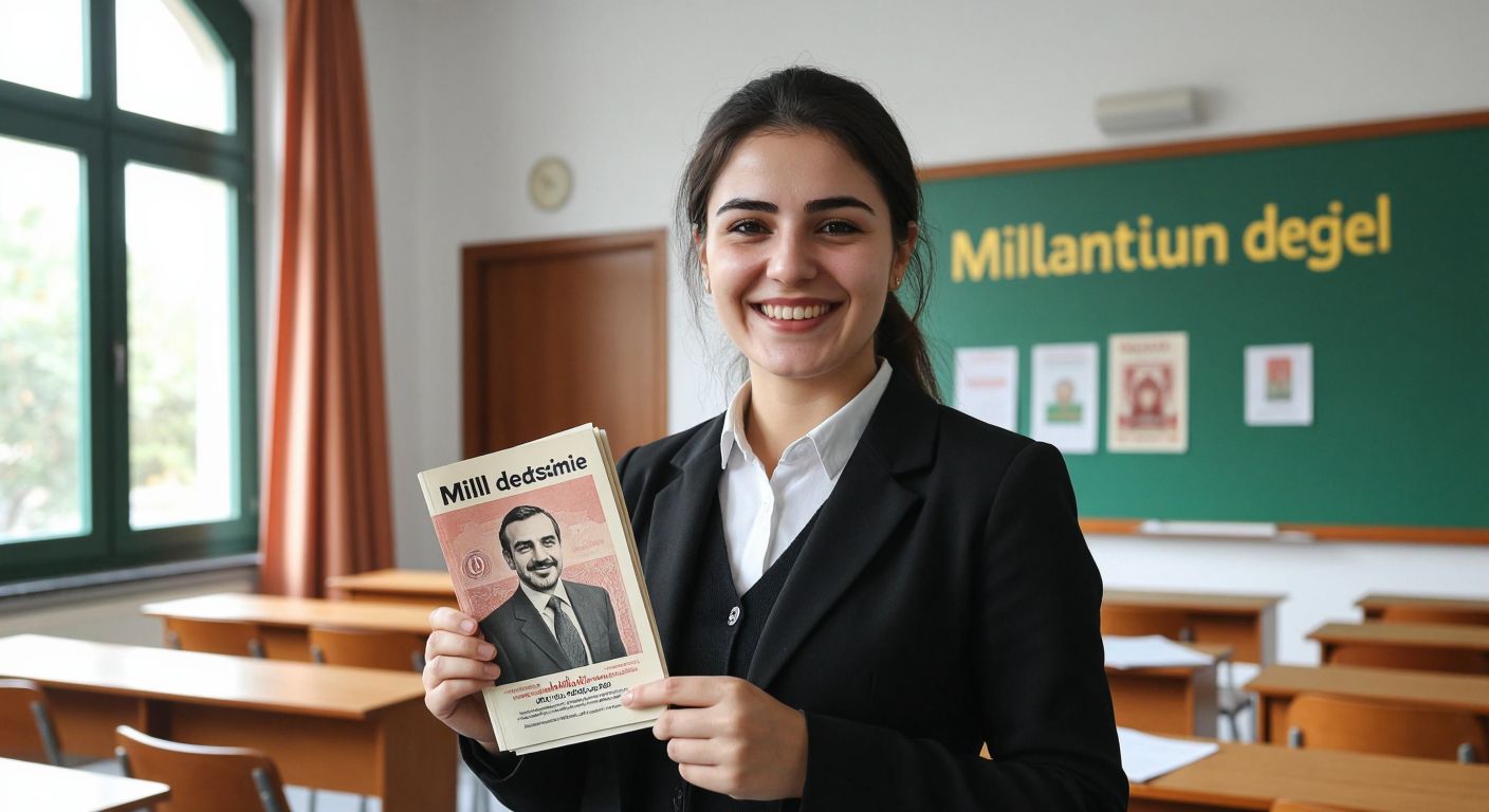 A smiling teacher in a Turkish school holds a free copy of *Milli Eğitim Dergisi* while a small stack of papers with a 1000 TL banknote symbolizes the article submission fee.