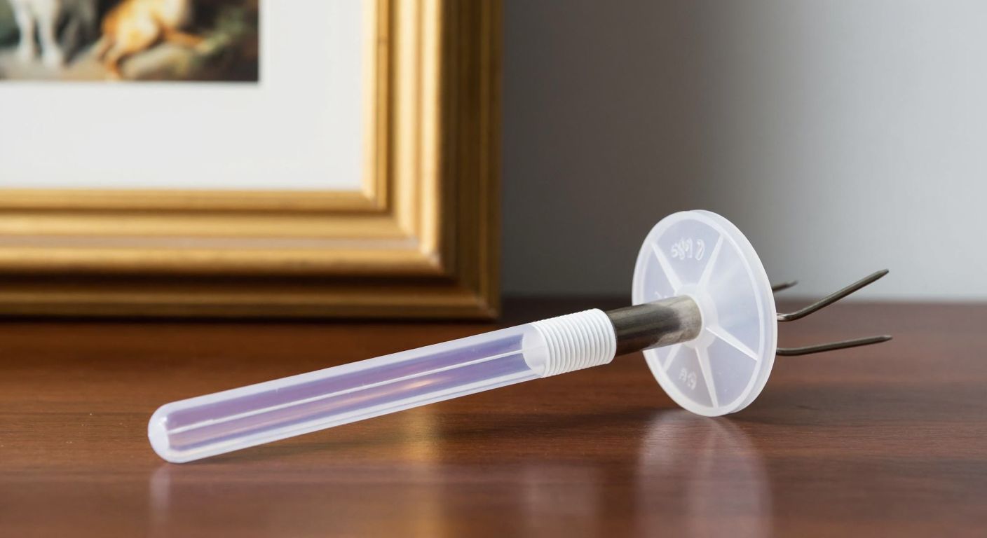 A close-up of a small, translucent plastic tool with a wire spool holder and a hole for threading, resting on a wooden table next to a framed painting.