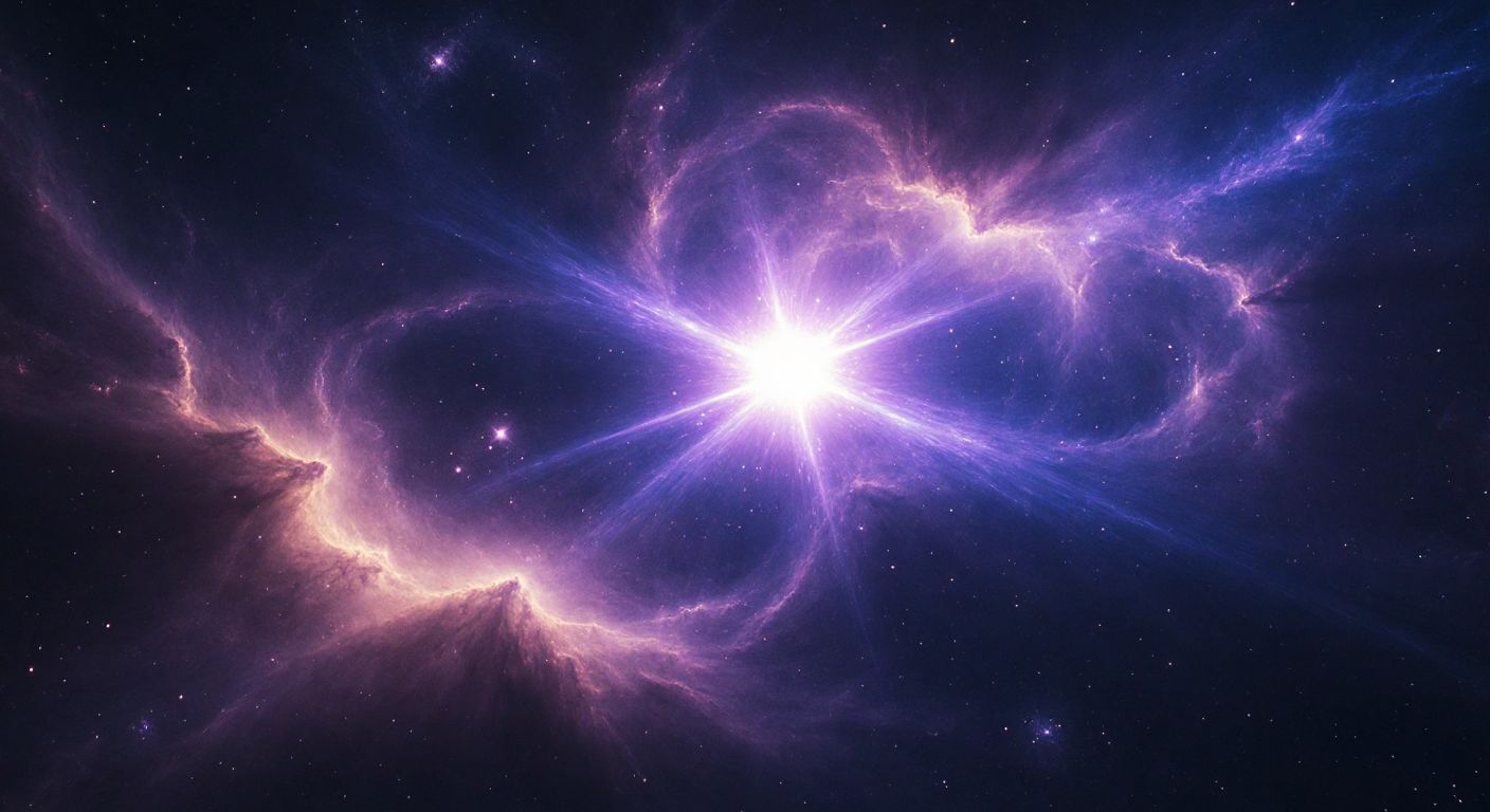 A glowing celestial body resembling a star, radiating intense blue and violet light amidst a swirling cosmic dust cloud, with distant galaxies faintly visible in the deep black void.