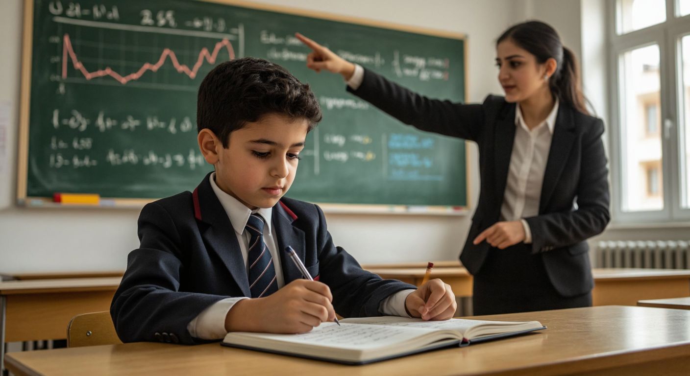A young student in a Turkish classroom, wearing a school uniform, intently studies a notebook filled with mathematical equations, while a teacher points to a chalkboard displaying abstract logarithmic curves and exponential graphs.