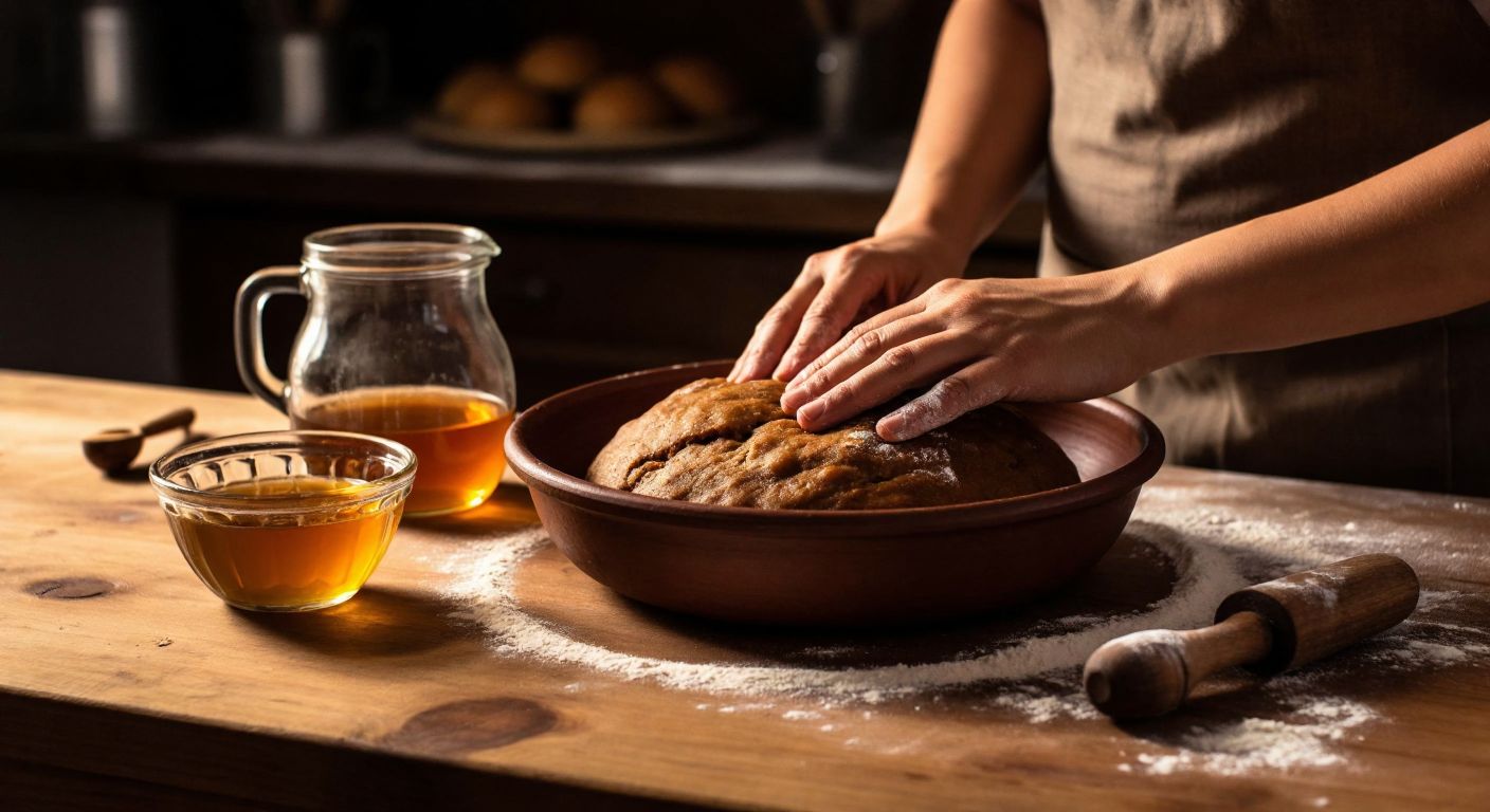 A warm, rustic Turkish kitchen with a wooden countertop covered in flour, where hands knead a dark gingerbread dough in a ceramic bowl, a glass measuring cup filled with golden pekmez beside it, and a jar of honey nearby, evoking a cozy, aromatic baking scene.