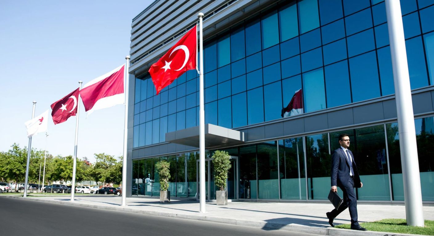A modern Turkish bank building with a sleek glass facade, flanked by the flags of Turkey and Qatar, while a confident businessman in a suit walks past, symbolizing international financial collaboration.