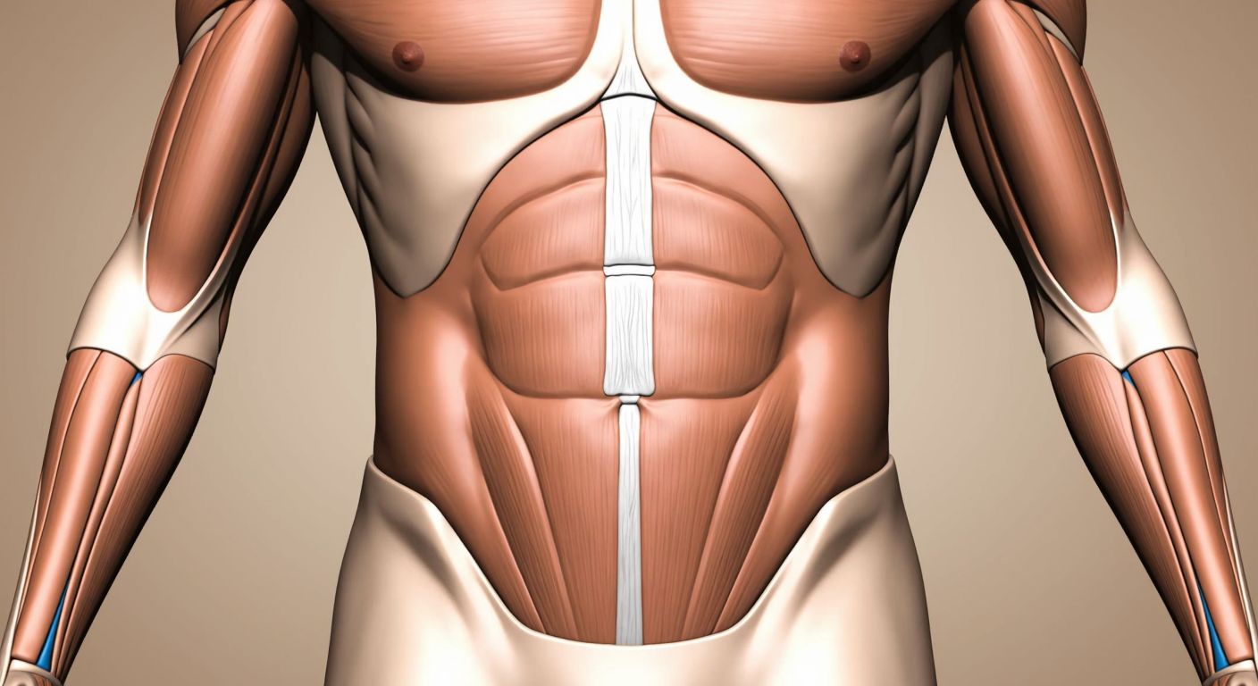 A detailed anatomical illustration of a human torso, highlighting the linea alba as a fibrous white line running vertically down the center of the abdomen, with faint outlines of abdominal muscles converging toward it, set against a neutral beige background.