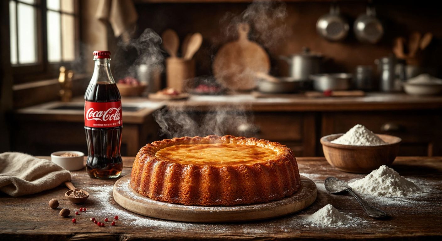 A warm, golden-brown Coca-Cola cake sits on a rustic wooden table in a Turkish kitchen, surrounded by scattered ingredients like sugar, flour, and a bottle of Coca-Cola, with steam rising from the freshly baked dessert.