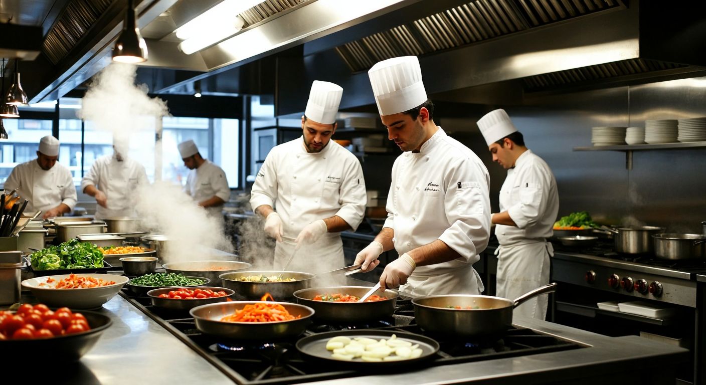 A bustling restaurant kitchen with chefs in crisp white uniforms, each performing distinct roles—a commanding executive chef overseeing, a sous chef directing cooks, and apprentices chopping vegetables—amid steam rising from pans and the glow of stovetop flames.  

*(Note: The description avoids text, technology, and cultural specificity since the hierarchy is based on the French system, not Turkish.)*