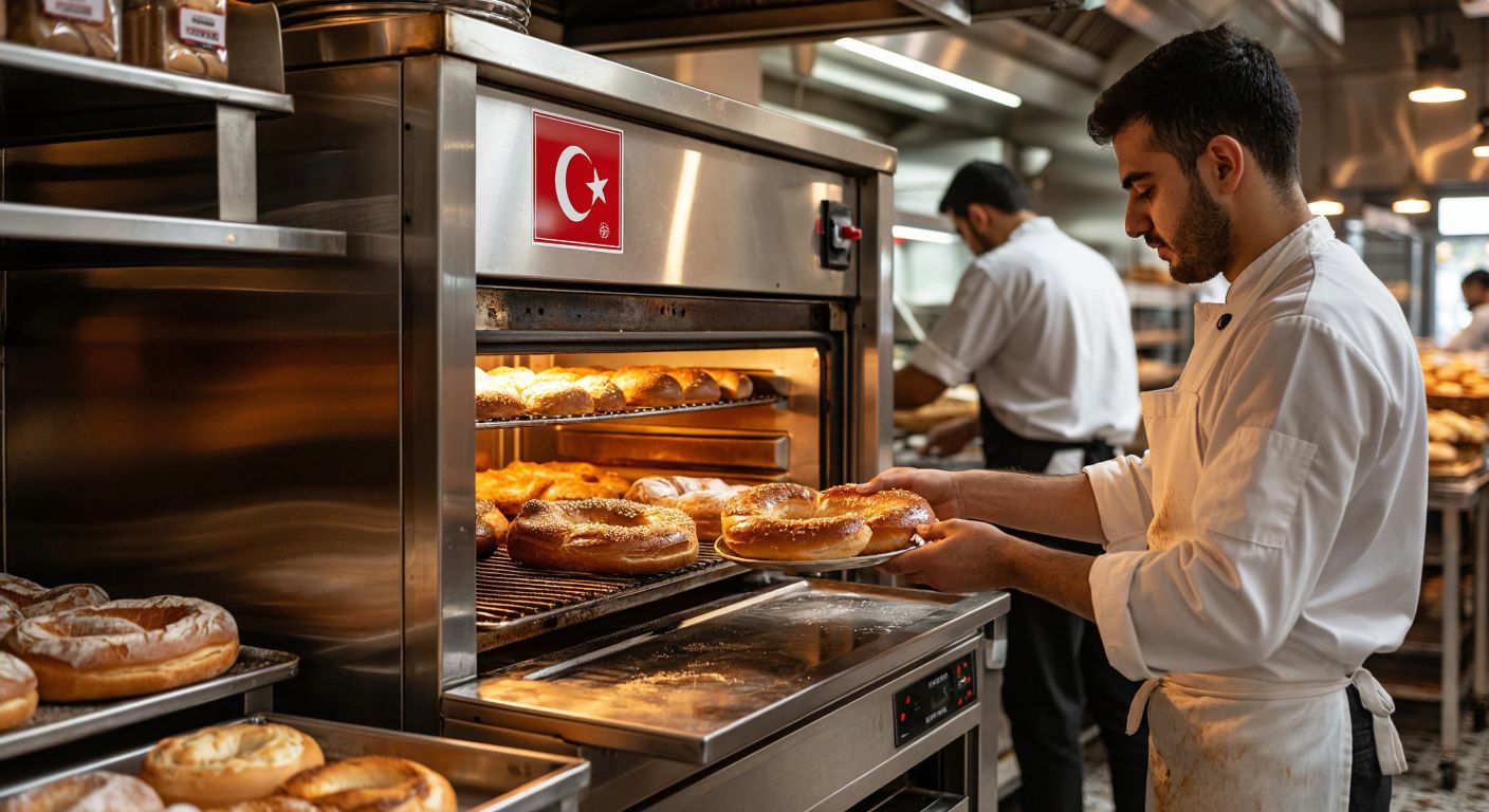 A gleaming stainless steel convection oven with the Turkish flag subtly embossed on its front, placed in a bustling bakery where a baker in a white apron pulls out golden simit from a tray.