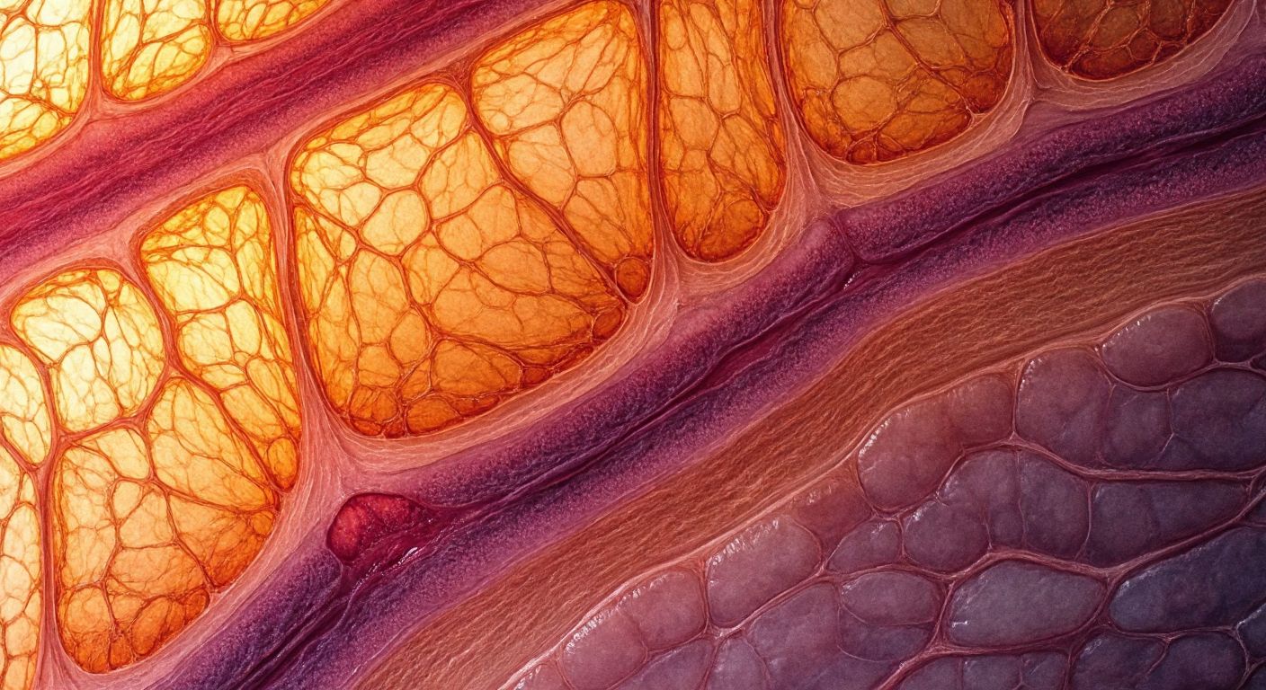 A magnified cross-section of human skin, vividly layered in warm tones, showing the distinct strata of the epidermis like translucent sheets stacked from surface to depth.