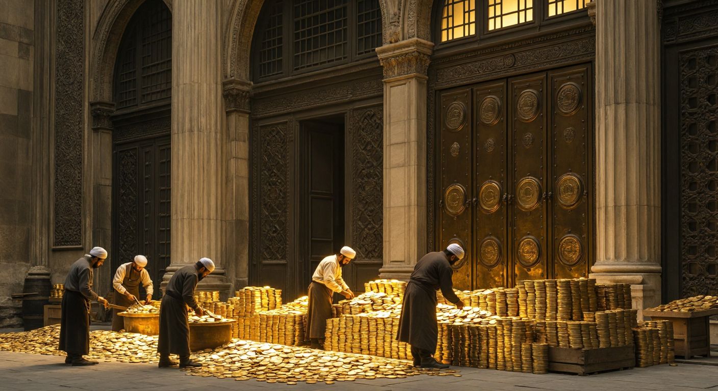 A grand, historic building in Istanbul with large metal doors, workers in traditional Turkish attire meticulously crafting shiny coins under warm golden light, surrounded by stacks of freshly minted currency.