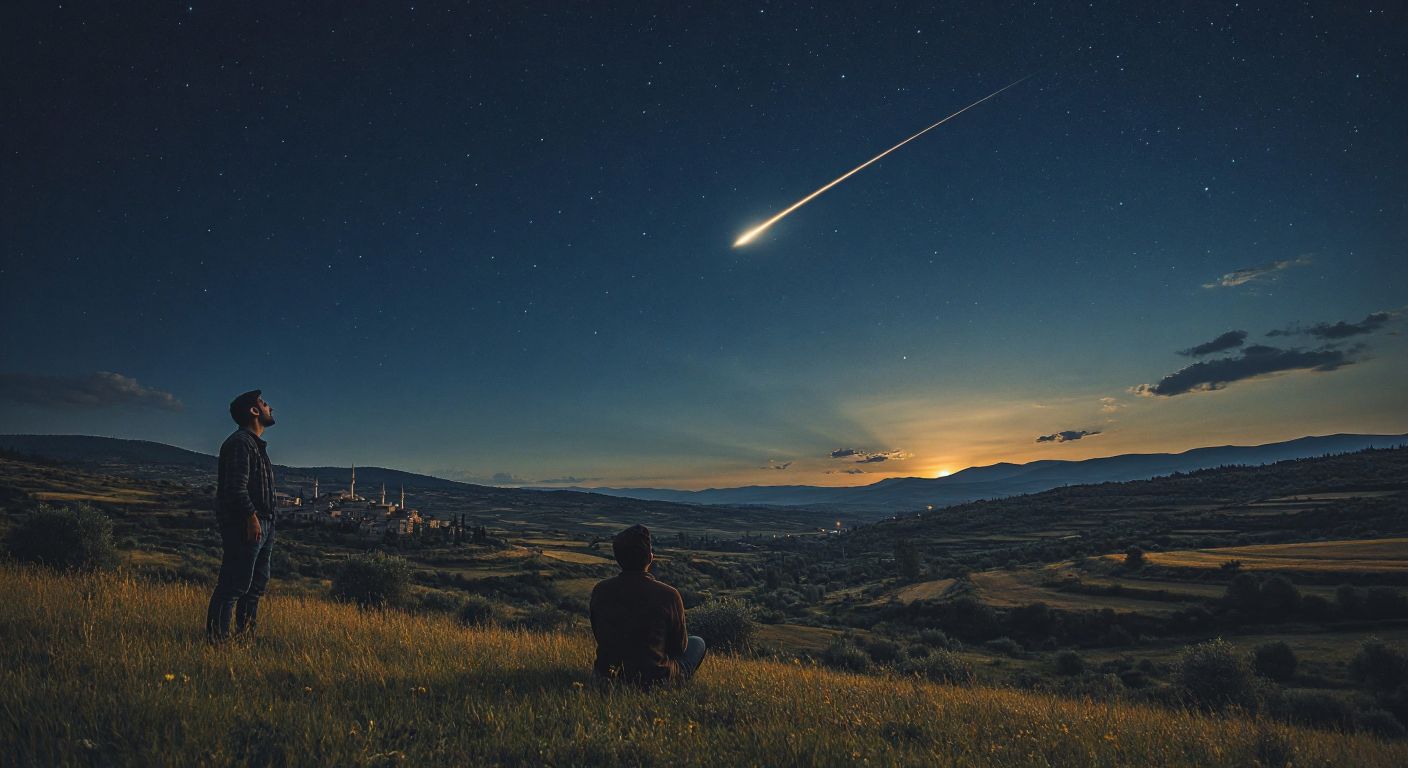 A dark night sky over a Turkish countryside, with a bright meteor streaking across while a person gazes upward in wonder.