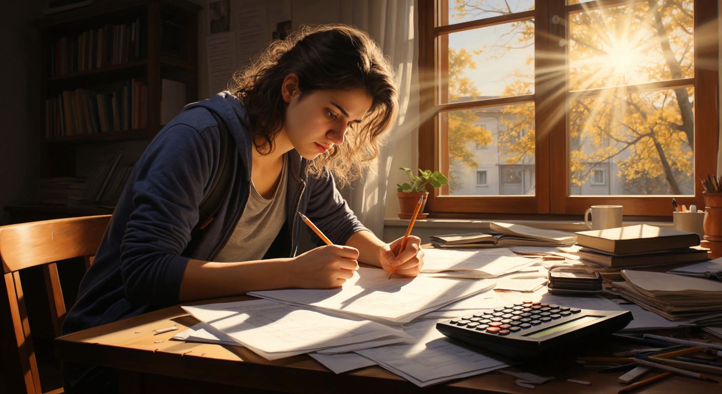 A focused Turkish university student sits at a wooden desk, surrounded by scattered papers and a calculator, anxiously calculating grades with a pencil in hand while sunlight streams through a nearby window.