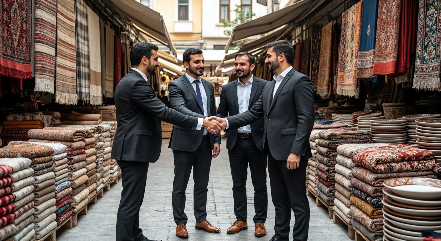 A group of Turkish businesspeople in formal attire shaking hands with international partners in a bustling marketplace, surrounded by stacks of export goods like textiles and ceramics, symbolizing collaboration and global trade growth.