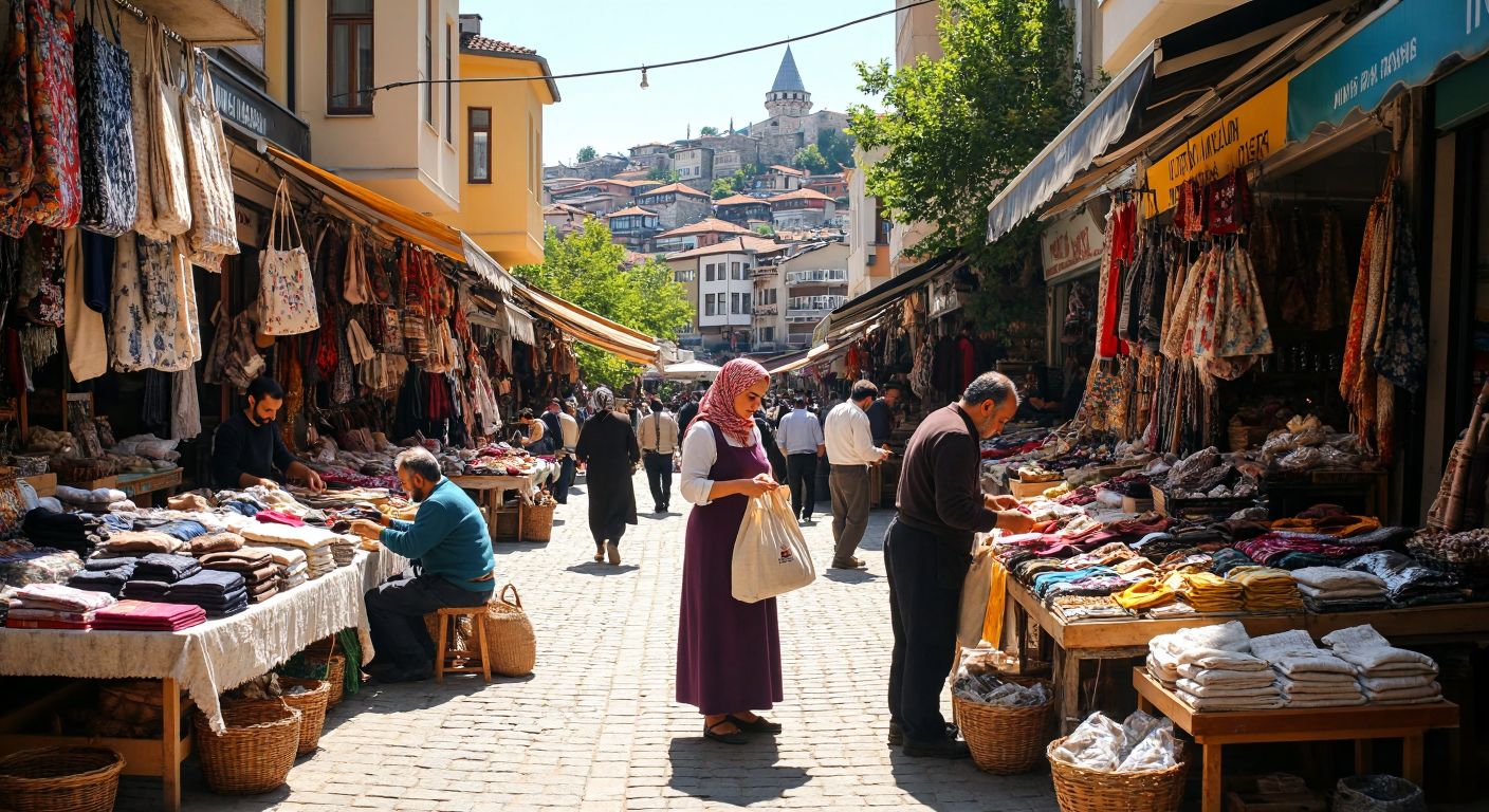 A vibrant Turkish marketplace scene with vendors carefully repairing and reselling goods, shoppers reusing cloth bags, and artisans crafting new items from recycled materials, all under a bright sunlit sky.