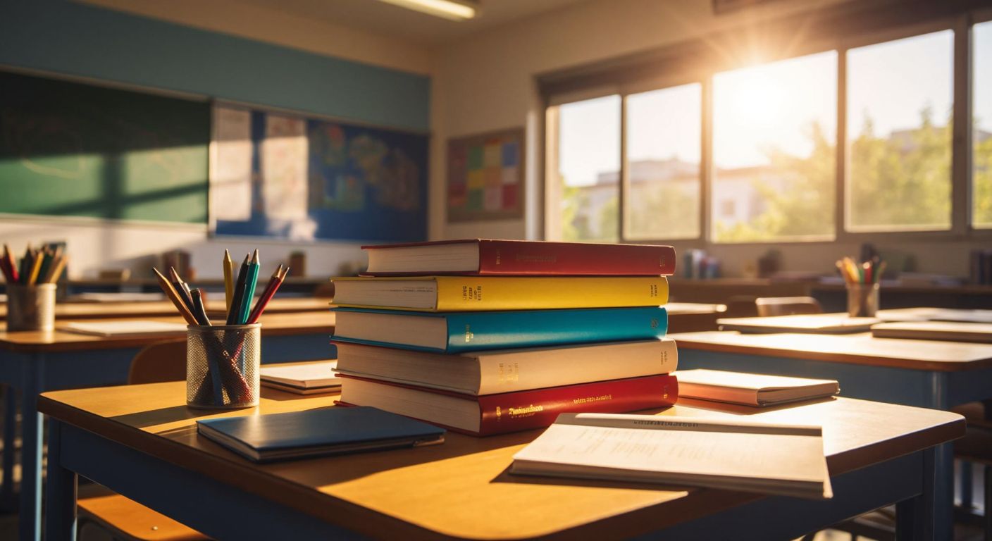 A stack of three colorful high school chemistry textbooks with varying thicknesses sits on a wooden desk in a sunlit Turkish classroom, surrounded by notebooks and a pencil case.