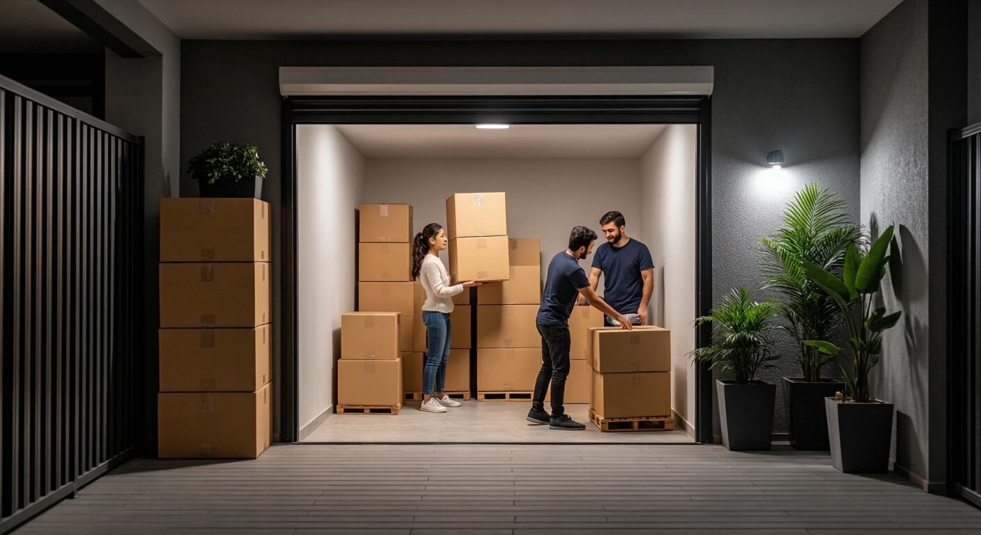 A well-lit, climate-controlled storage unit in Turkey with neatly stacked boxes, a security camera in the corner, and a family carefully loading furniture inside.