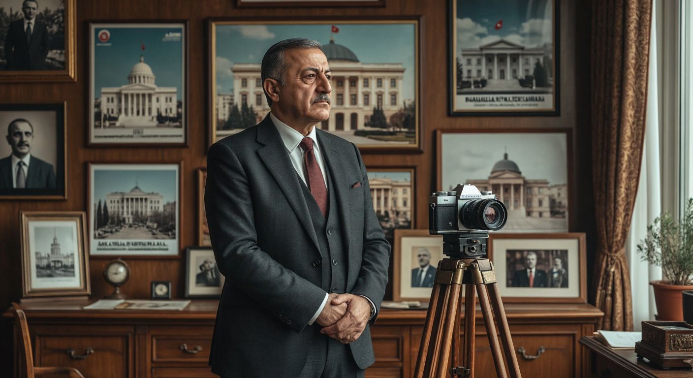 A dignified middle-aged Turkish man in a formal suit stands pensively near a vintage camera on a wooden tripod, surrounded by political campaign posters and framed photographs of government buildings, exuding a quiet sense of past leadership and artistic passion.