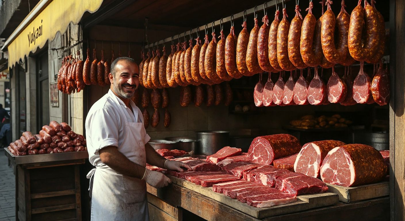 A rustic butcher shop in Kütahya with hanging coils of spicy **Yakacı sucuk**, a smiling Turkish butcher in a white apron arranging fresh cuts of meat, and shelves lined with traditional cured meats under warm golden light.