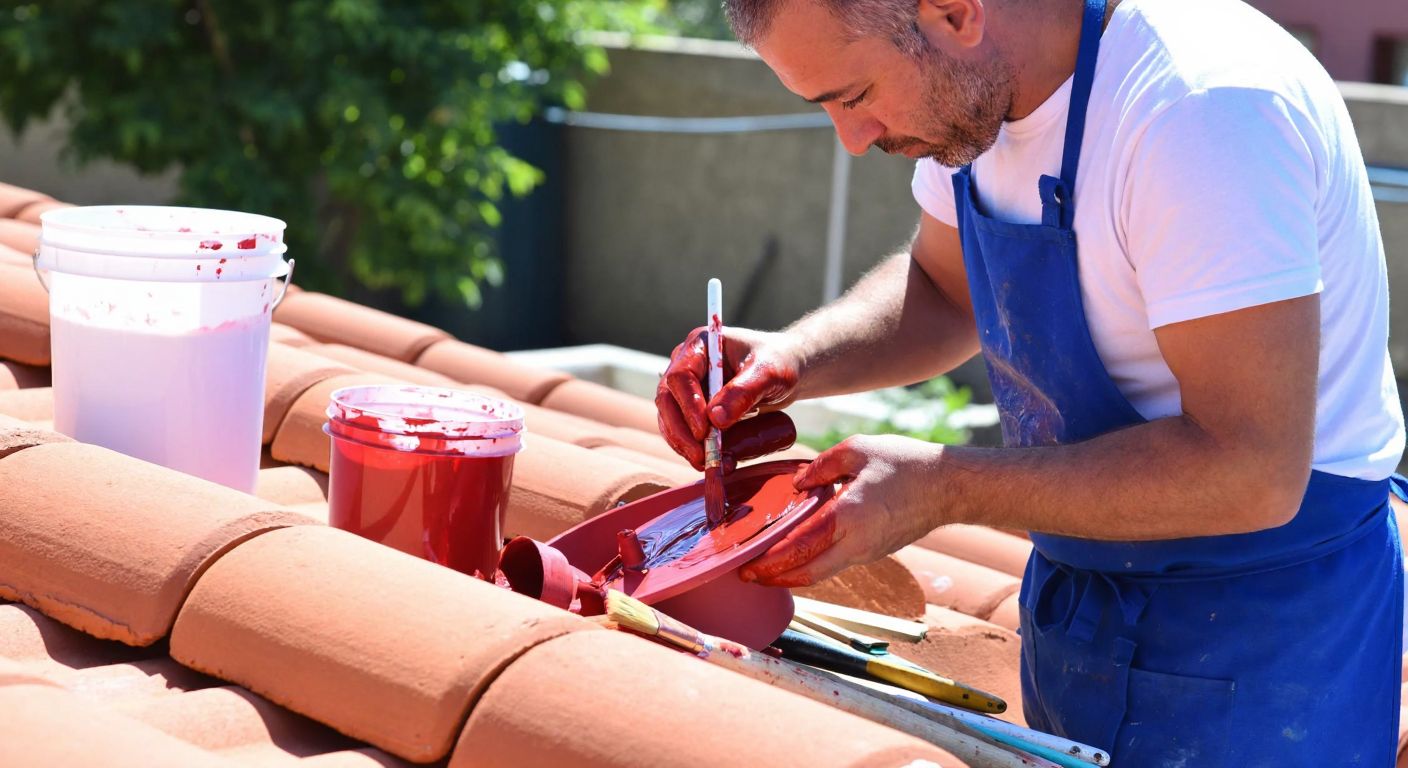 A Turkish craftsman in a blue apron carefully applying red acrylic paint to a terracotta roof tile under the warm sun, with buckets of different colored paints and brushes nearby.