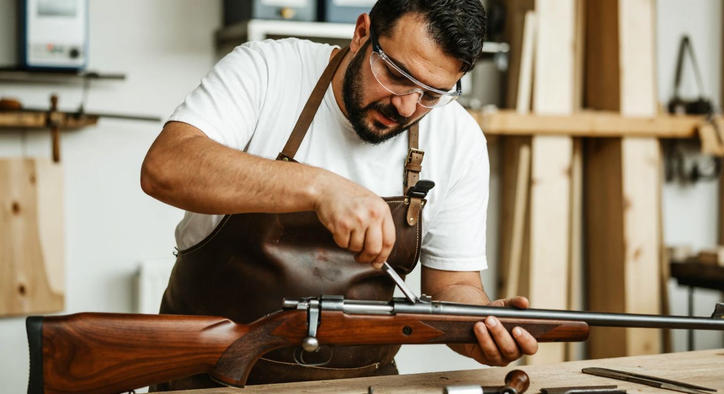 A focused Turkish craftsman in a workshop, wearing safety goggles and a leather apron, carefully polishing a finely crafted rifle with precision tools, surrounded by metal parts and woodworking materials.