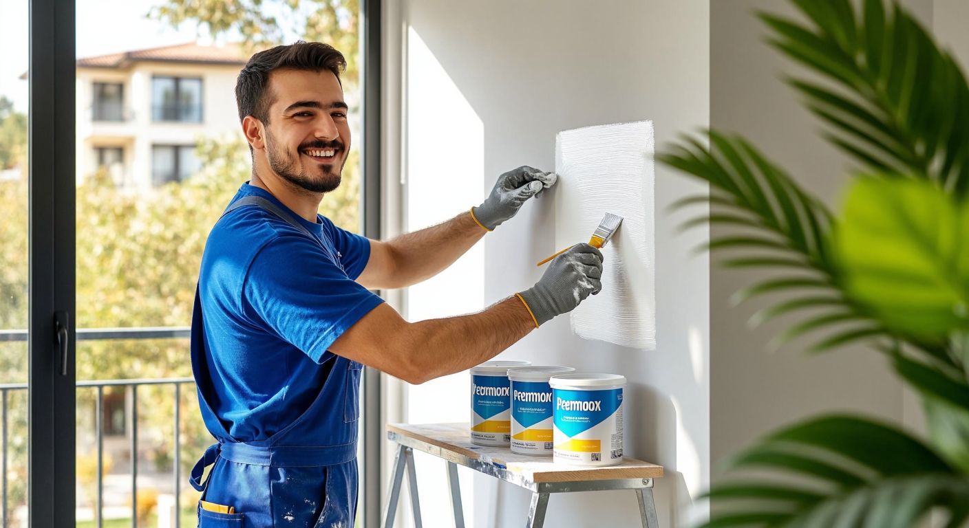 A Turkish painter in a blue overall smiles while applying smooth, pristine white Permolit paint to a sunlit apartment wall, with a neatly arranged set of paint cans labeled "Permomax" and "Permosoft" beside him.