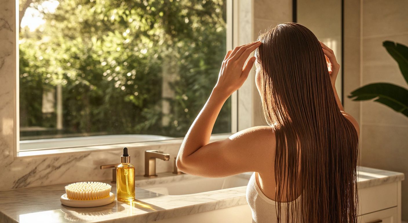 A woman with long, shiny hair stands in a sunlit bathroom, gently massaging almond oil into her scalp while a small bottle of golden oil and a shower cap sit on the marble counter beside her.