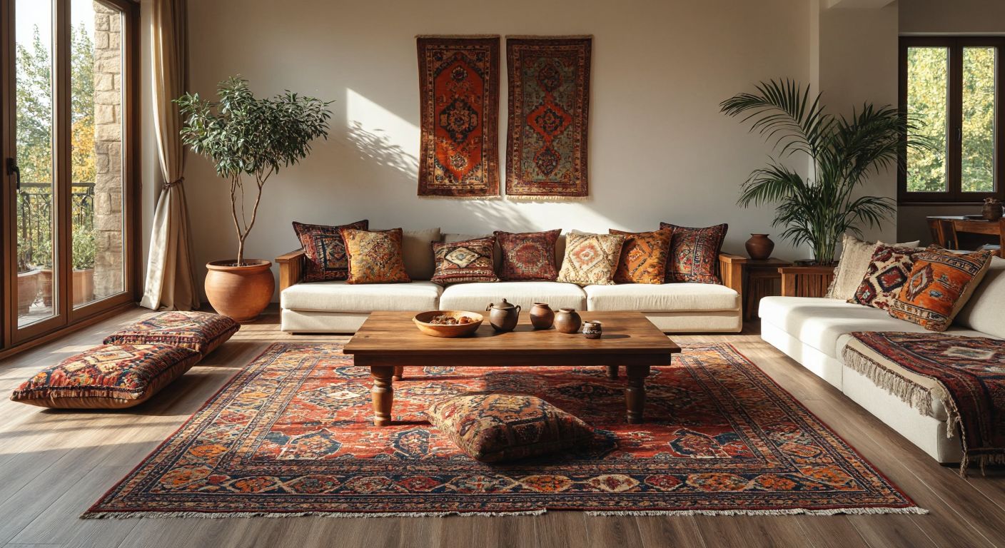 A warm, sunlit Turkish living room with sleek, wood-patterned PVC flooring under a low wooden coffee table, surrounded by plush cushions and a traditional kilim rug.