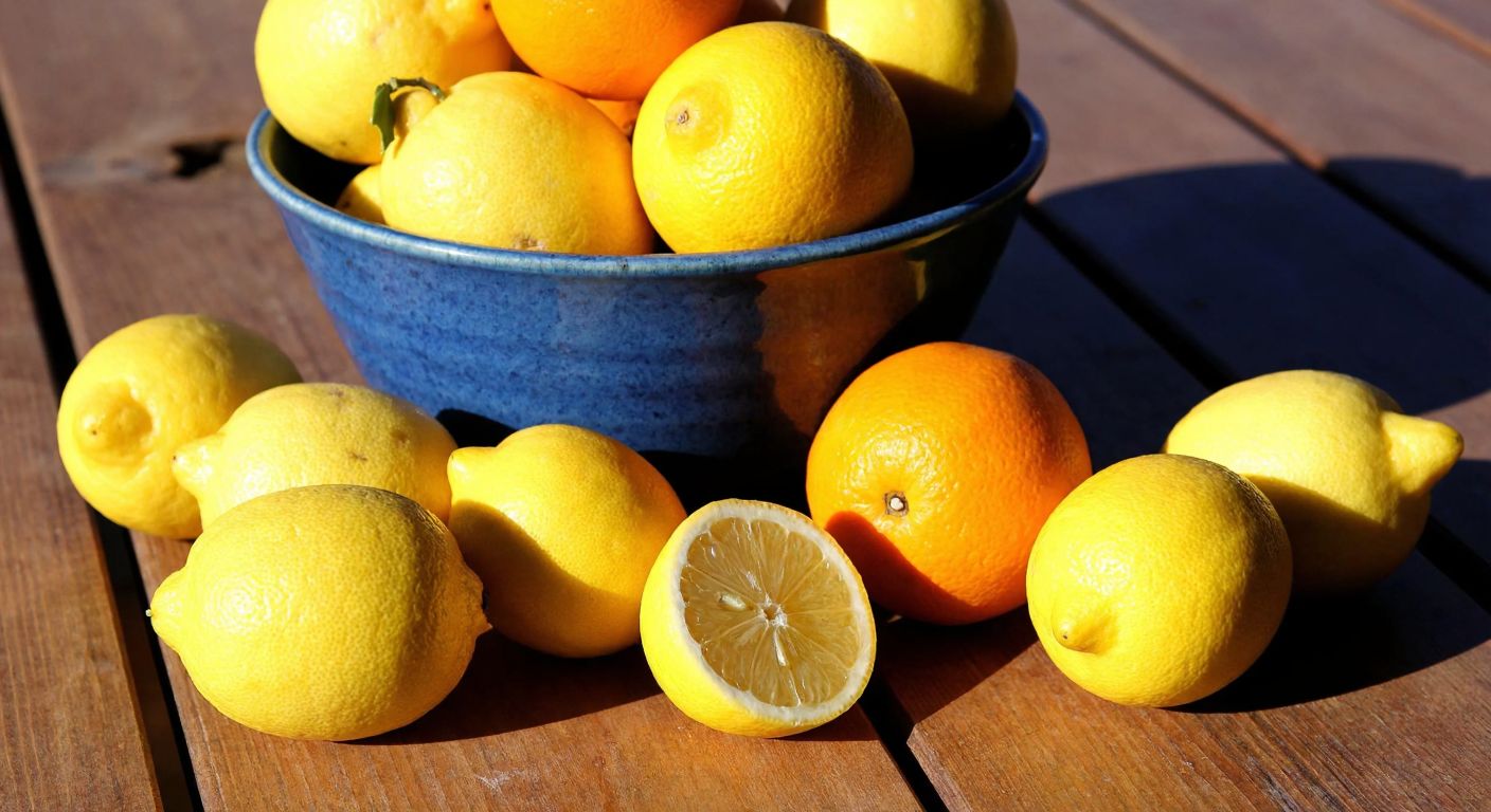 A vibrant still life of fresh lemons and oranges arranged on a sunlit wooden table in Turkey, their bright yellow and orange hues contrasting against a rustic blue ceramic bowl.