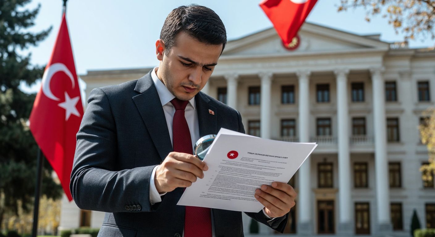A Turkish businessperson in a formal suit carefully examines a document with a magnifying glass, standing in front of a government building with the Turkish flag, symbolizing the process of verifying logo originality through official channels.