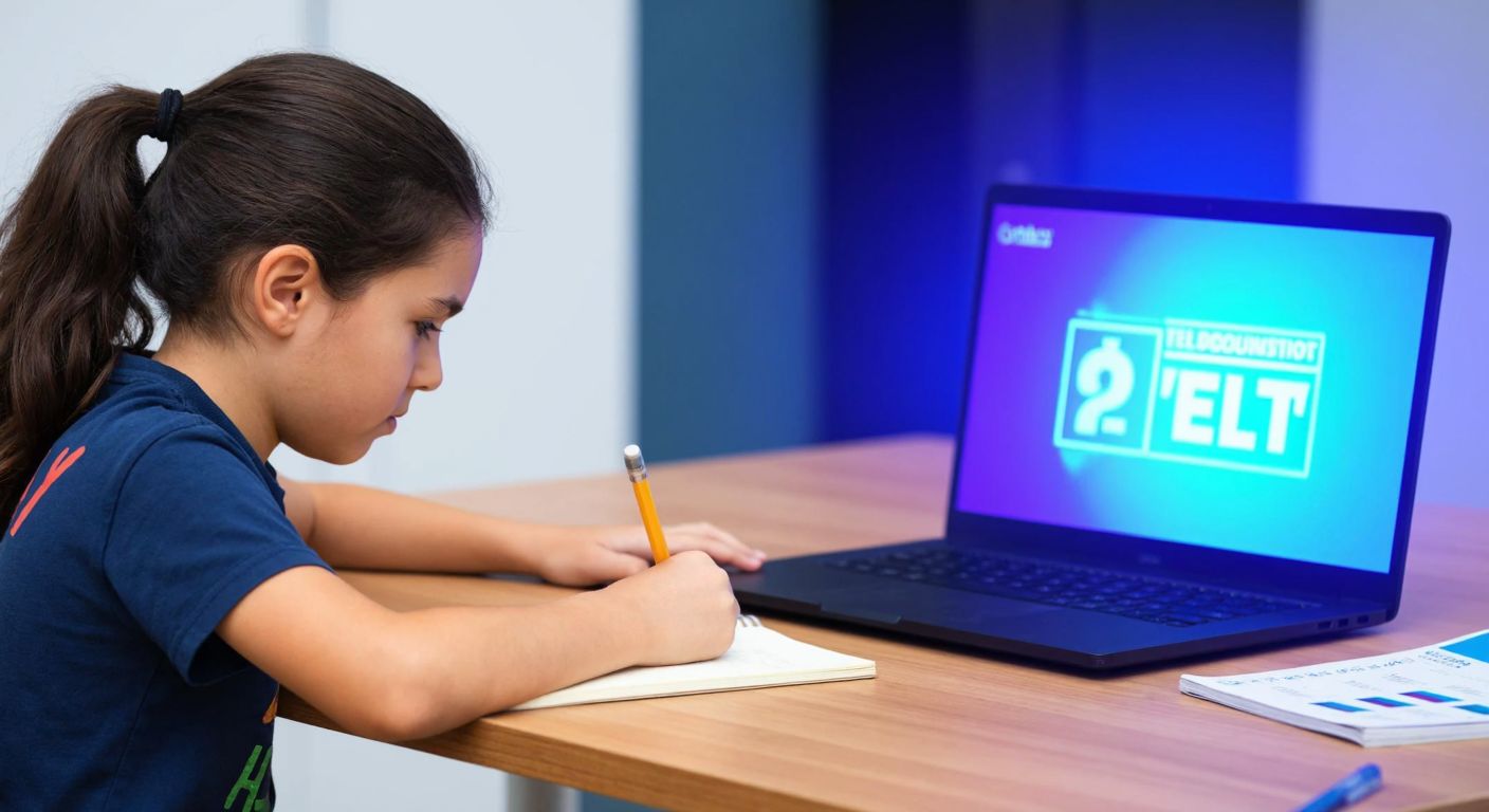 A focused Turkish elementary student sits at a wooden desk with a notebook, pencil, and a glowing laptop screen displaying colorful educational test questions.