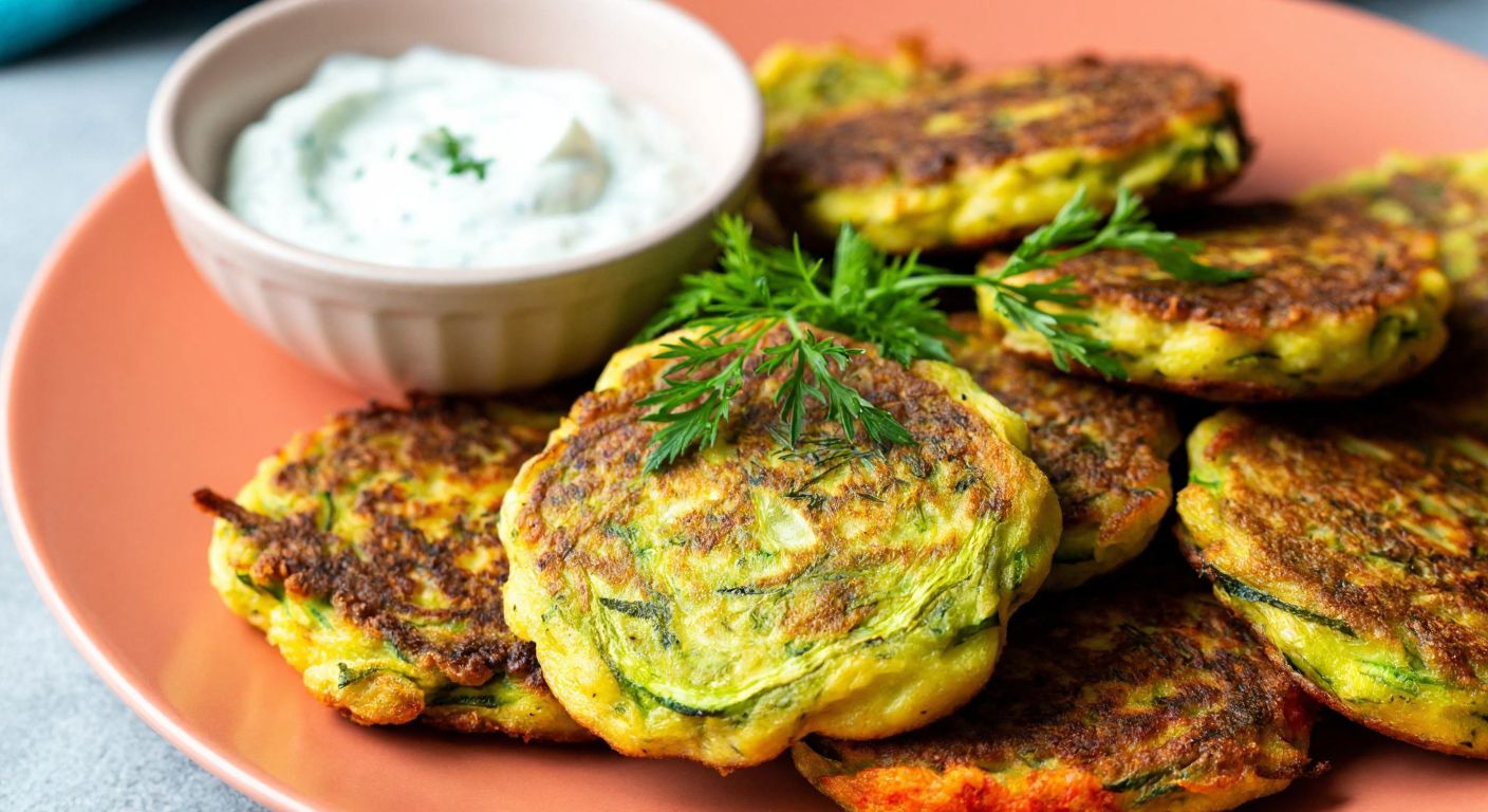 A golden-brown plate of crispy zucchini fritters (mücver) garnished with fresh dill, served alongside a small bowl of creamy yogurt dip, evoking warmth and home-cooked comfort.