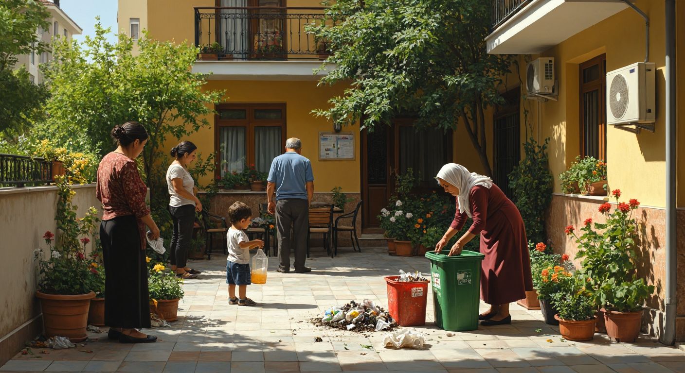 A clean Turkish apartment courtyard with people quietly chatting, a child carefully placing trash in a bin, and an elderly woman watering plants sparingly, all exuding respect and harmony.