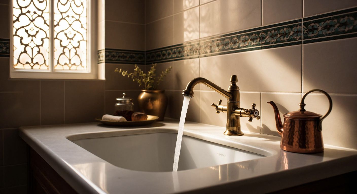 A traditional Turkish bathroom with a sleek taharet faucet mounted beside a simple sink faucet, a small copper watering pot placed nearby, and soft light reflecting off the ceramic tiles.