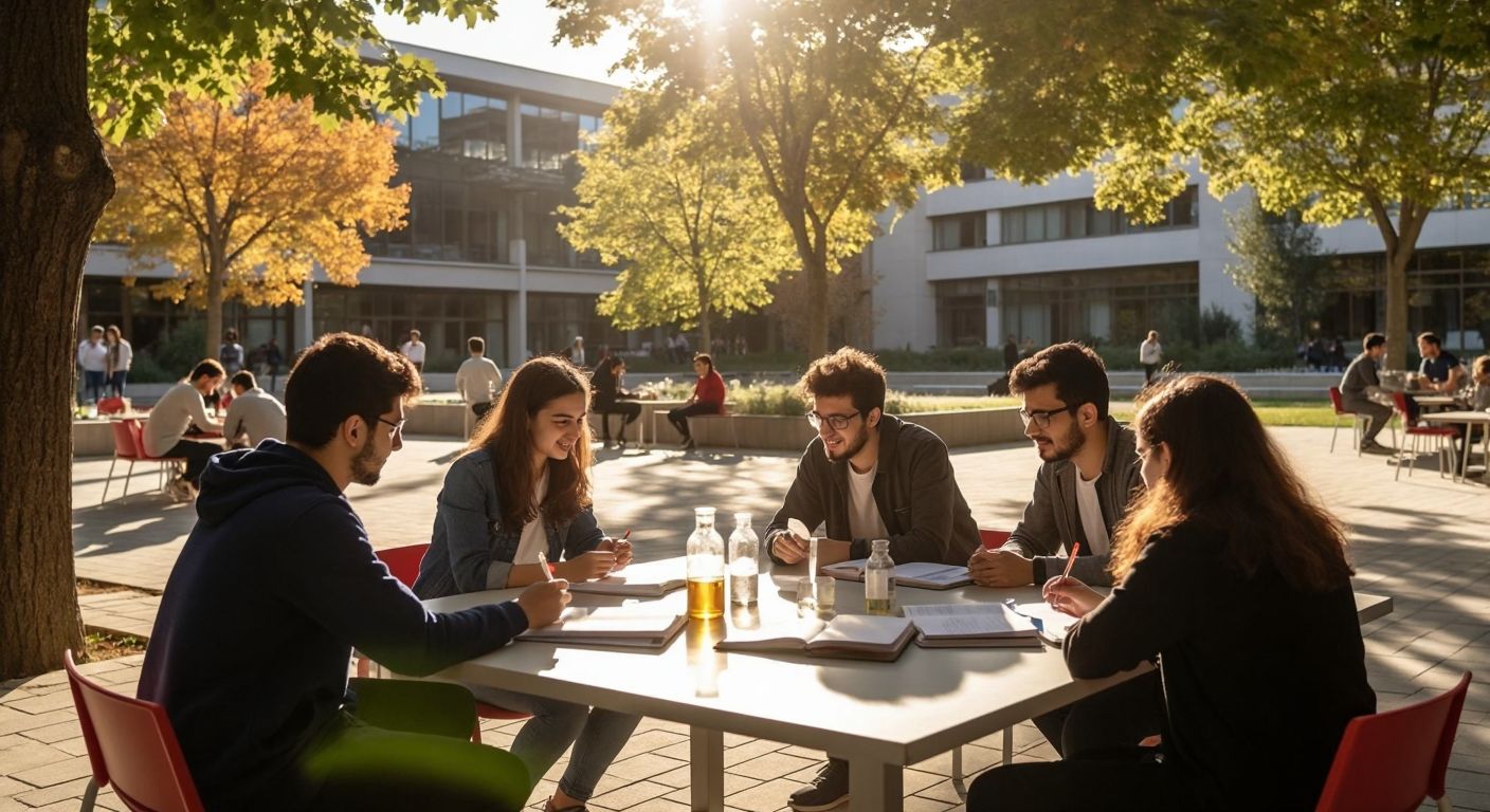 A group of young Turkish university students in a sunlit campus courtyard, enthusiastically discussing a research project with a professor, surrounded by notebooks, lab equipment, and a TÜBİTAK logo subtly visible on a folder.
