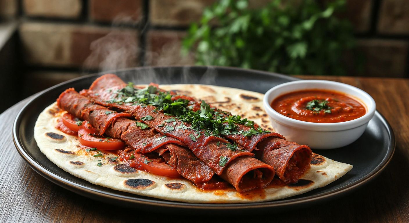 A steaming plate of thinly sliced İskenderun döner, drizzled with rich tomato sauce and garlic-infused mayonnaise, garnished with fresh parsley, resting on warm flatbread beside a small bowl of red pepper-flecked salçalı sos.