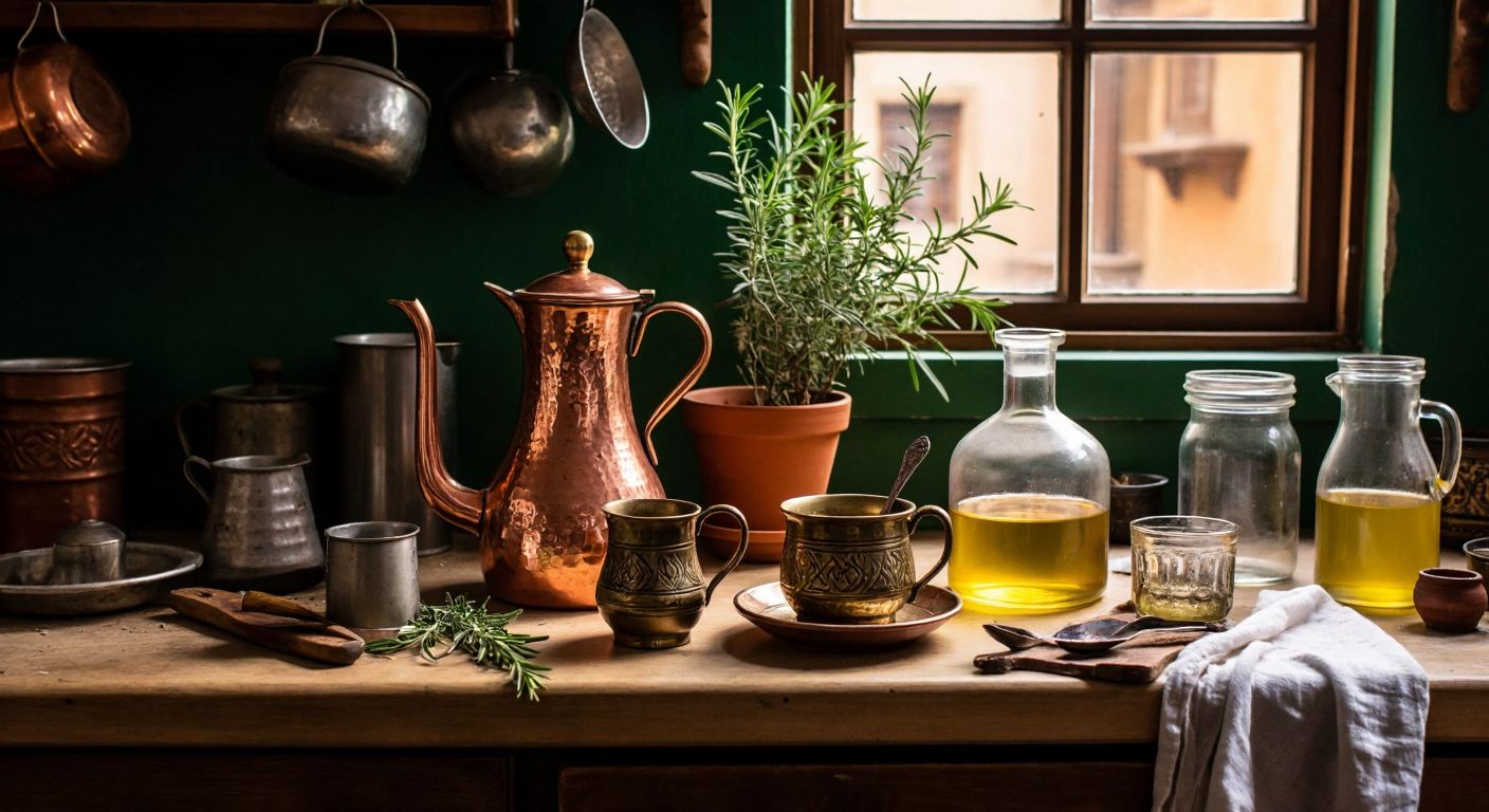 A rustic Turkish kitchen counter cluttered with a mismatched set of a copper sürahi, a ceramic fincan, a wooden kaşık, a metal kepçe, a glass bardak, and a plastic kova, each filled to varying levels with golden olive oil.