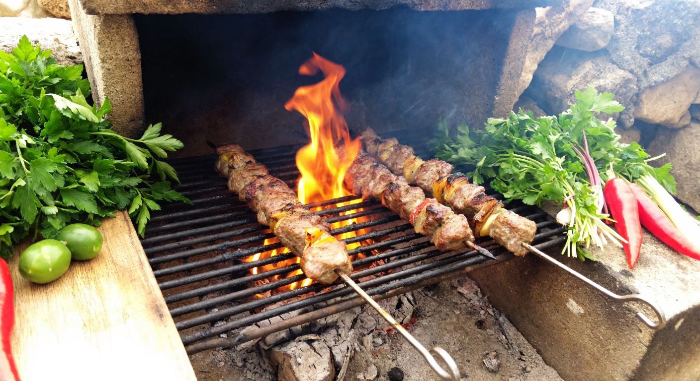 A rustic outdoor scene in Cyprus, with a sizzling skewer of hırsız kebabı grilling over an open fire, surrounded by fresh herbs and vegetables, evoking warmth and tradition.