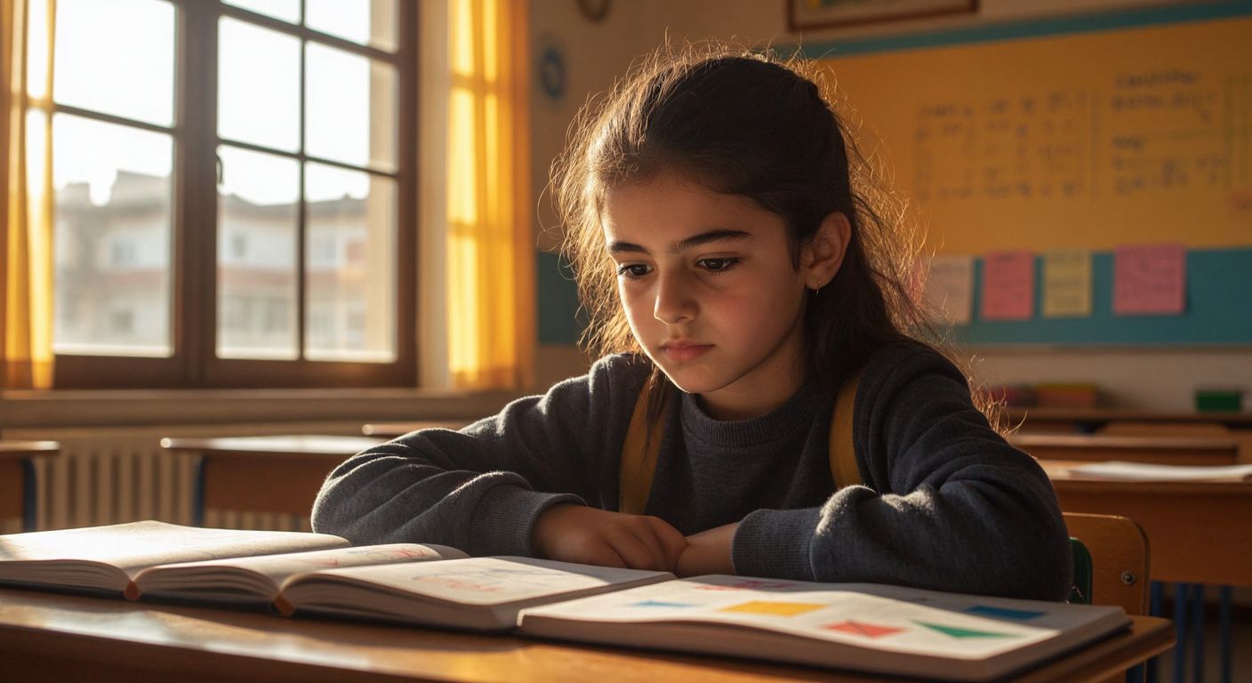 A focused Turkish middle-school student sits at a wooden desk, surrounded by open notebooks filled with colorful geometric shapes, number lines, and algebraic expressions, while sunlight streams through a classroom window.