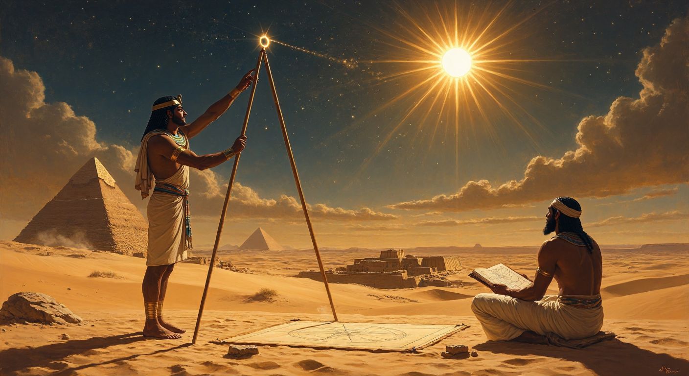 An ancient Egyptian astronomer in a desert setting, using a T-shaped stick to cast shadows under the bright sun while observing the sky, with a star chart nearby for nighttime reference.