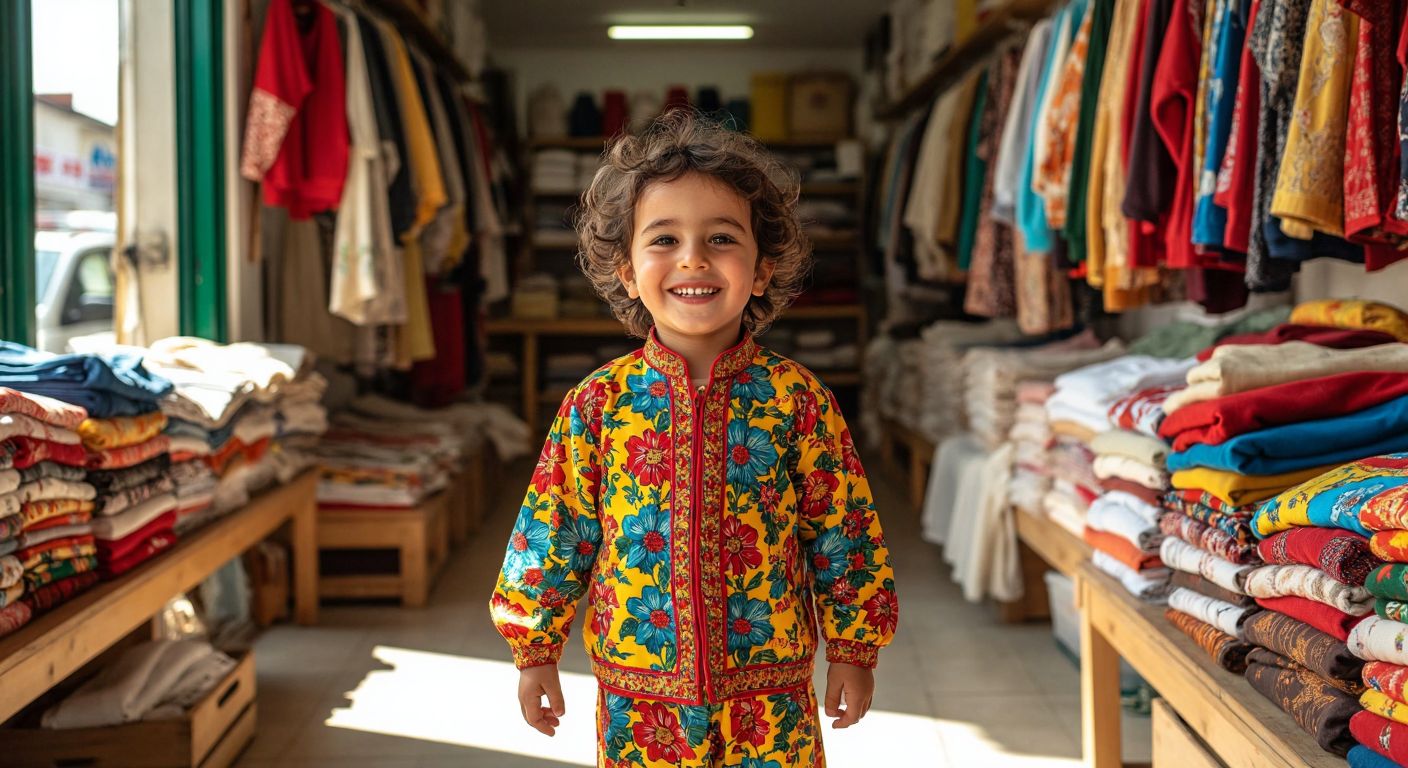 A cheerful Turkish child wearing a vibrant Esso Mandolin-branded outfit, standing in a sunlit textile shop with neatly folded clothing stacks in the background.