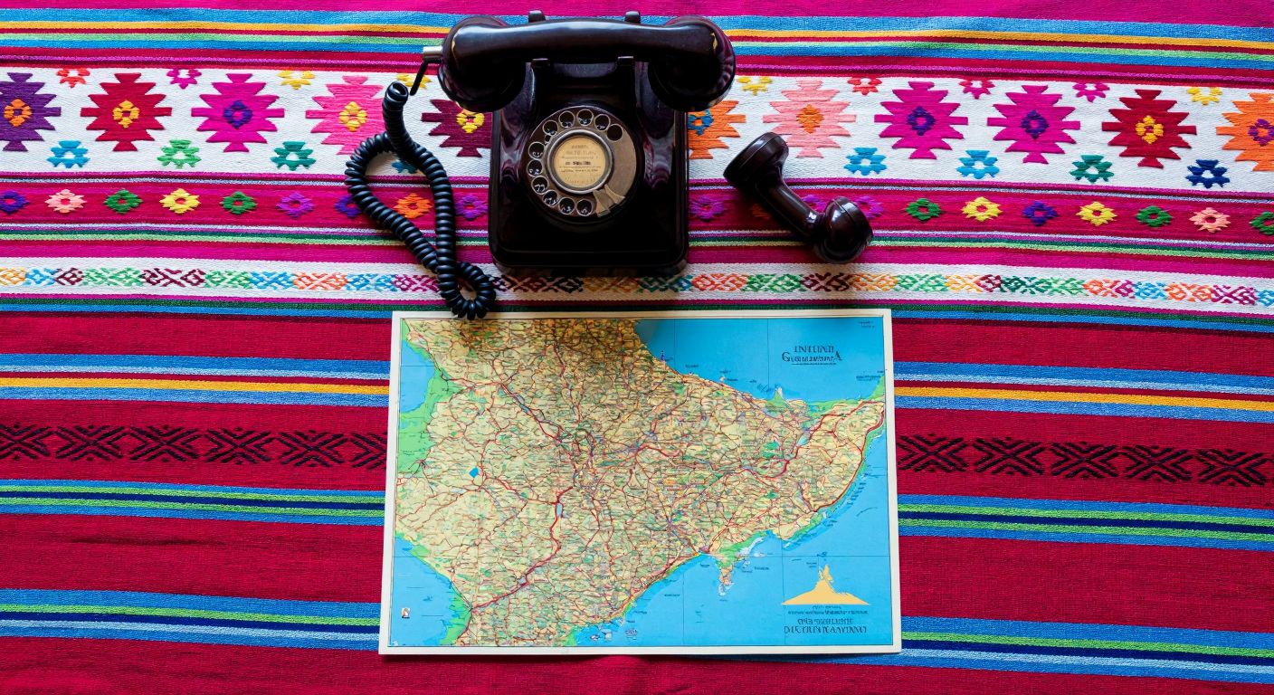 A colorful map of Guatemala with a traditional woven textile pattern in the background and a small vintage telephone placed on top.