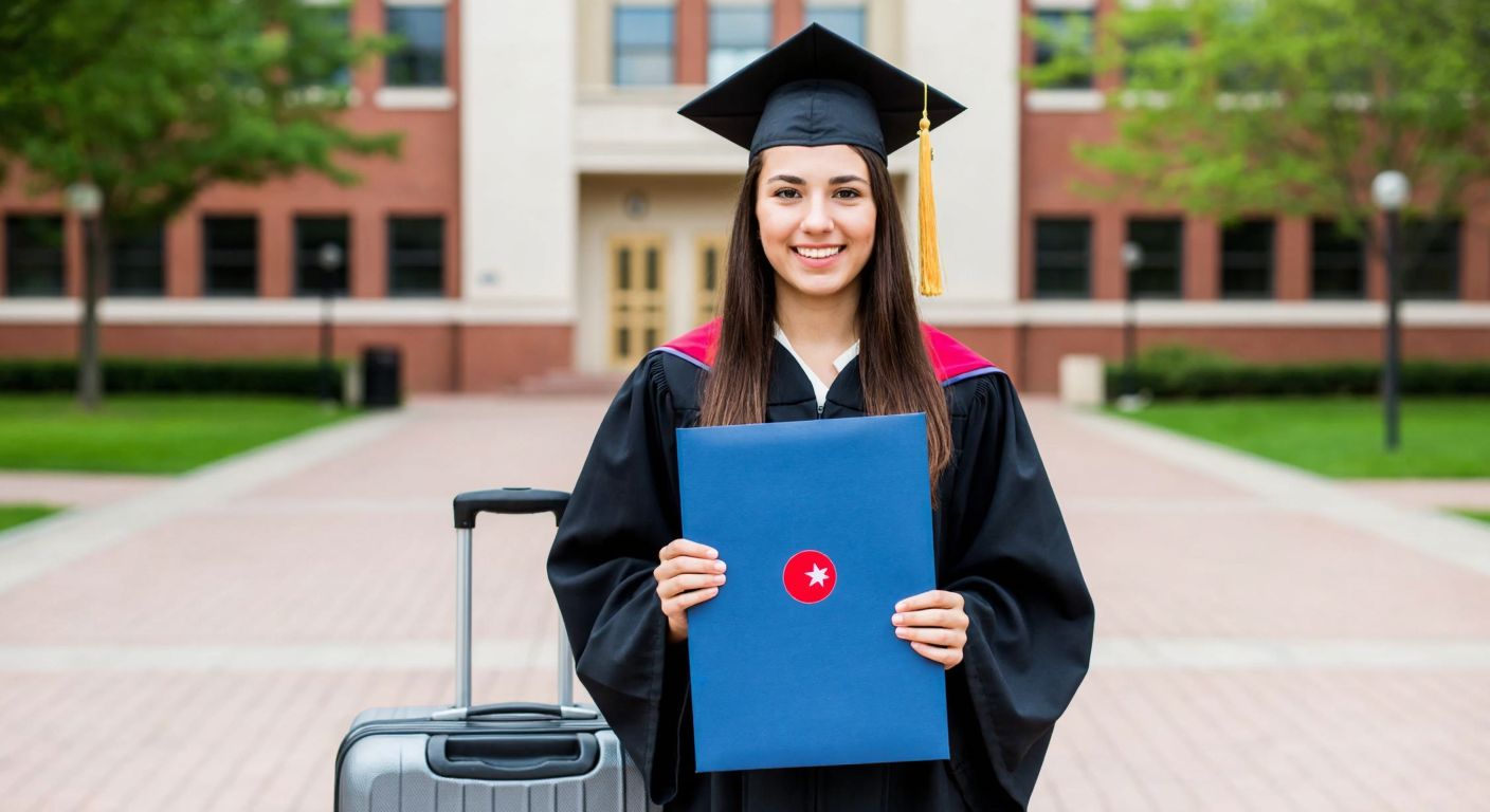 A young Turkish graduate in a cap and gown proudly holds a blue-tinted diploma while standing in front of a university building, with a suitcase and a globe symbolizing international opportunities.