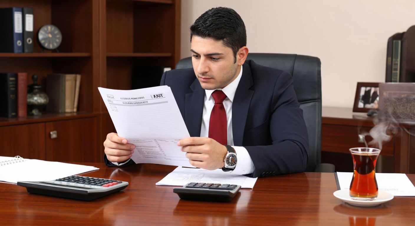A Turkish accountant in a formal office setting shakes their head while holding a tax document, with a calculator and a steaming cup of Turkish tea on the desk.