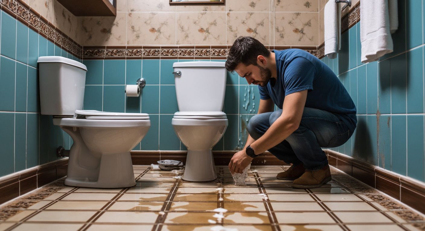 A frustrated homeowner in a Turkish bathroom kneels beside a leaking white toilet, inspecting a loose pipe connection while water drips onto the tiled floor.