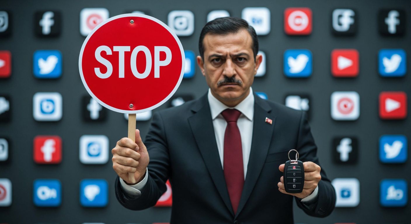 A stern Turkish government official in a formal suit holds up a red stop sign in front of a blurred background of social media logos, while a frustrated real estate agent in a sharp blazer clutches property keys and car keys with a resigned expression.