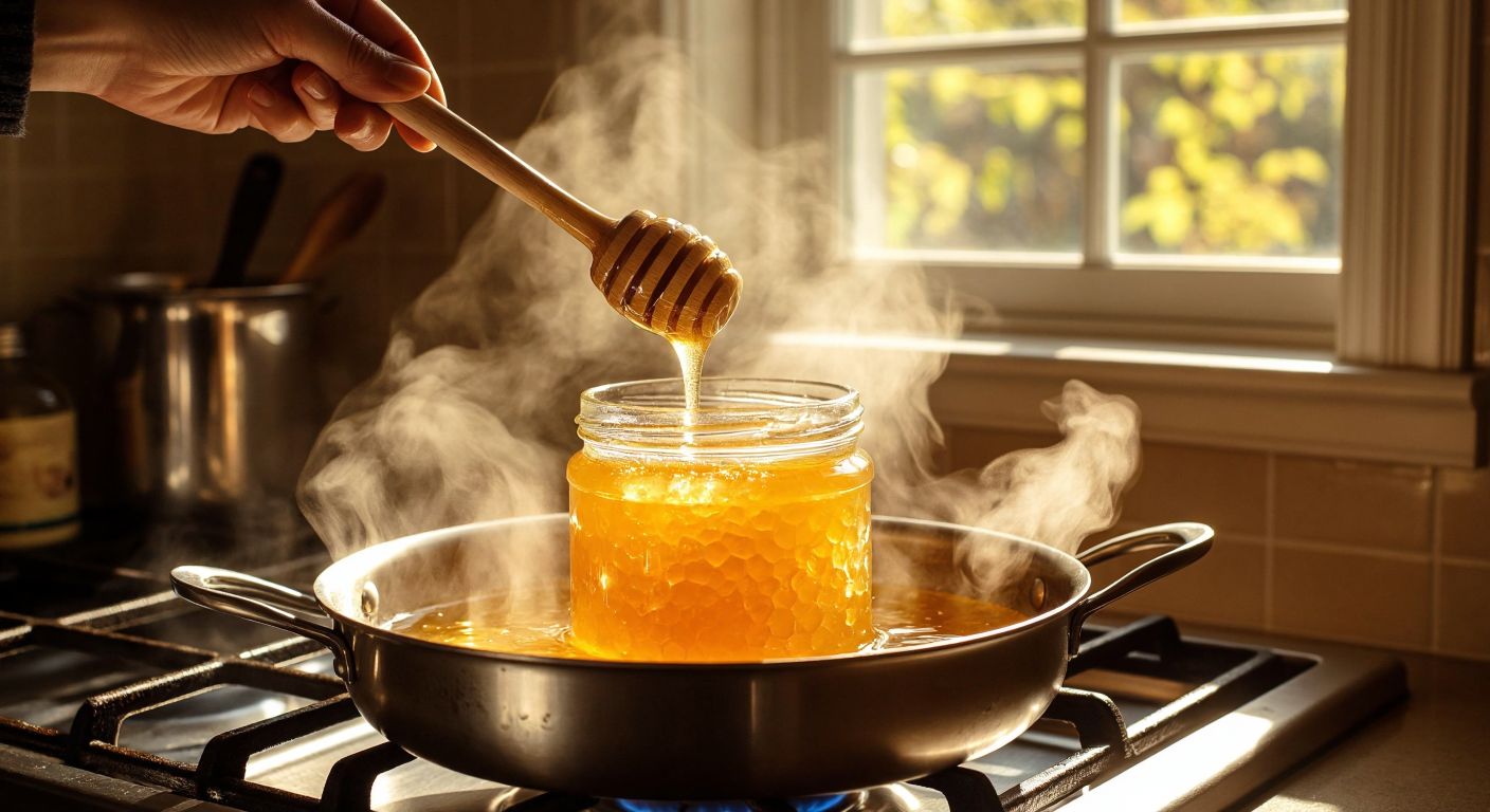 A golden jar of crystallized honey sits in a pot of steaming water on a stove, with a wooden spoon gently stirring the honey as it slowly liquefies under warm sunlight streaming through a kitchen window.