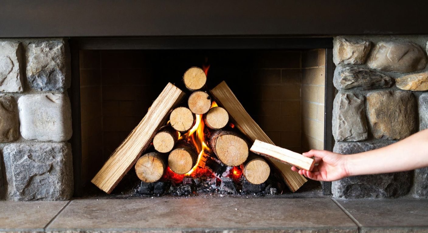 A cozy stone fireplace in a Turkish home, with neatly stacked logs arranged in a teepee shape, glowing embers beneath, and a hand placing the first piece of wood with care.