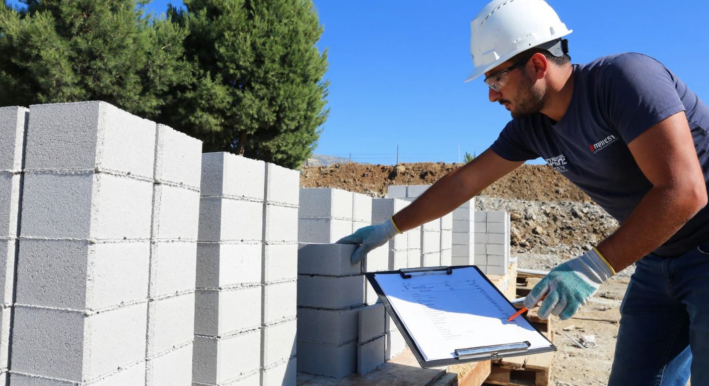 A construction worker in a hardhat and work gloves carefully stacks lightweight bims blocks to build a wall on a sunny construction site in Turkey, with a clipboard of price lists resting nearby.