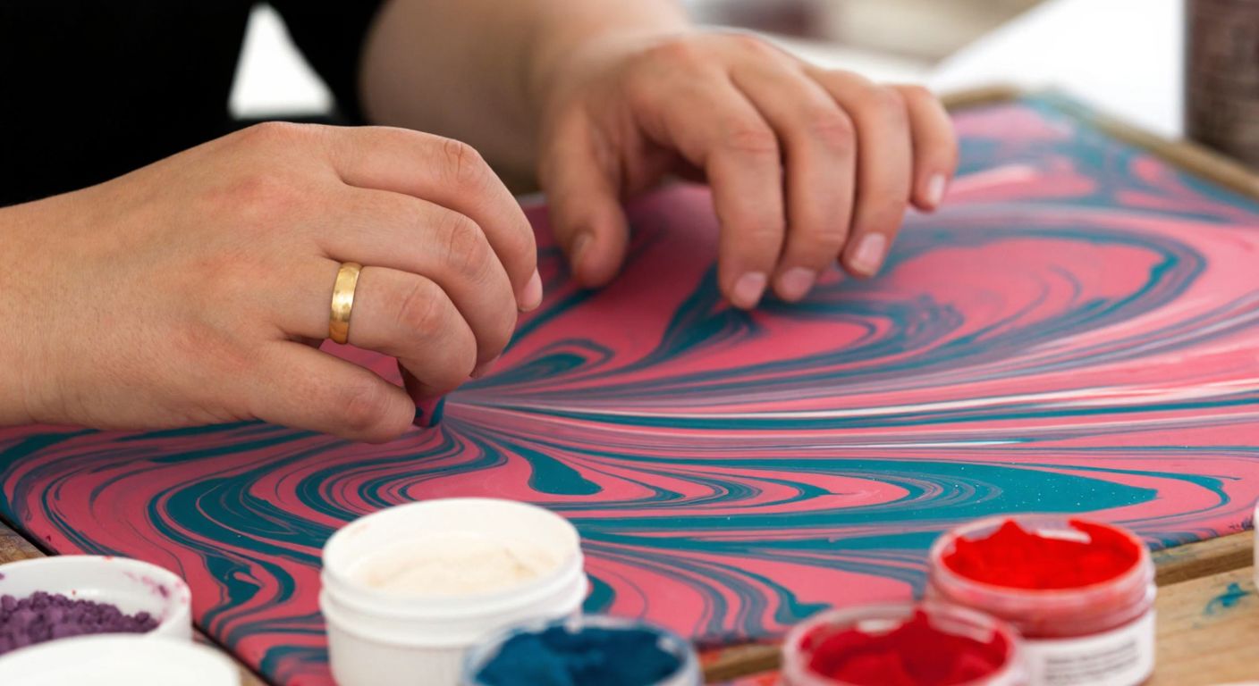 A close-up of a Turkish ebru artist's hands delicately swirling vibrant paints on water mixed with ox gall, surrounded by small bowls of pigments and traditional marbled paper drying nearby.