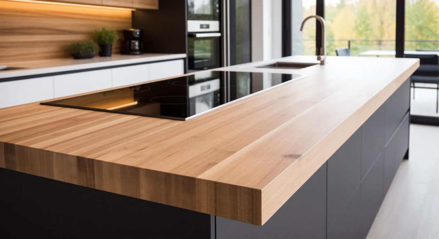 A modern Turkish kitchen with two contrasting countertops—one side featuring a warm, light-toned bamboo surface with visible grain, and the other a sleek, polished dark granite slab—both reflecting natural light from a nearby window.