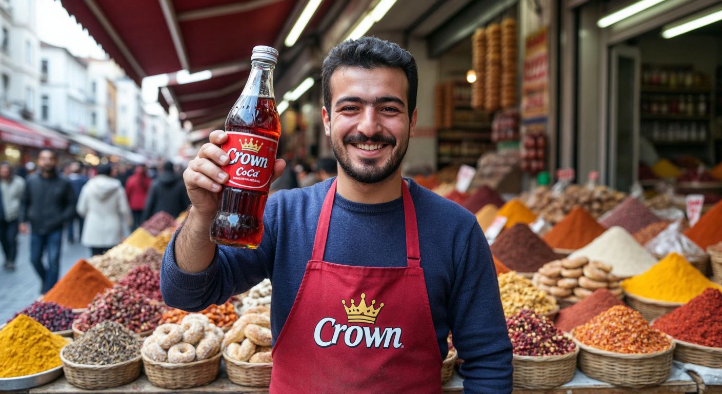 A smiling Turkish vendor in a bustling Istanbul market proudly holding up a frosty glass bottle of Crown Cola with a vibrant red label, surrounded by colorful spices and fresh simit bread.