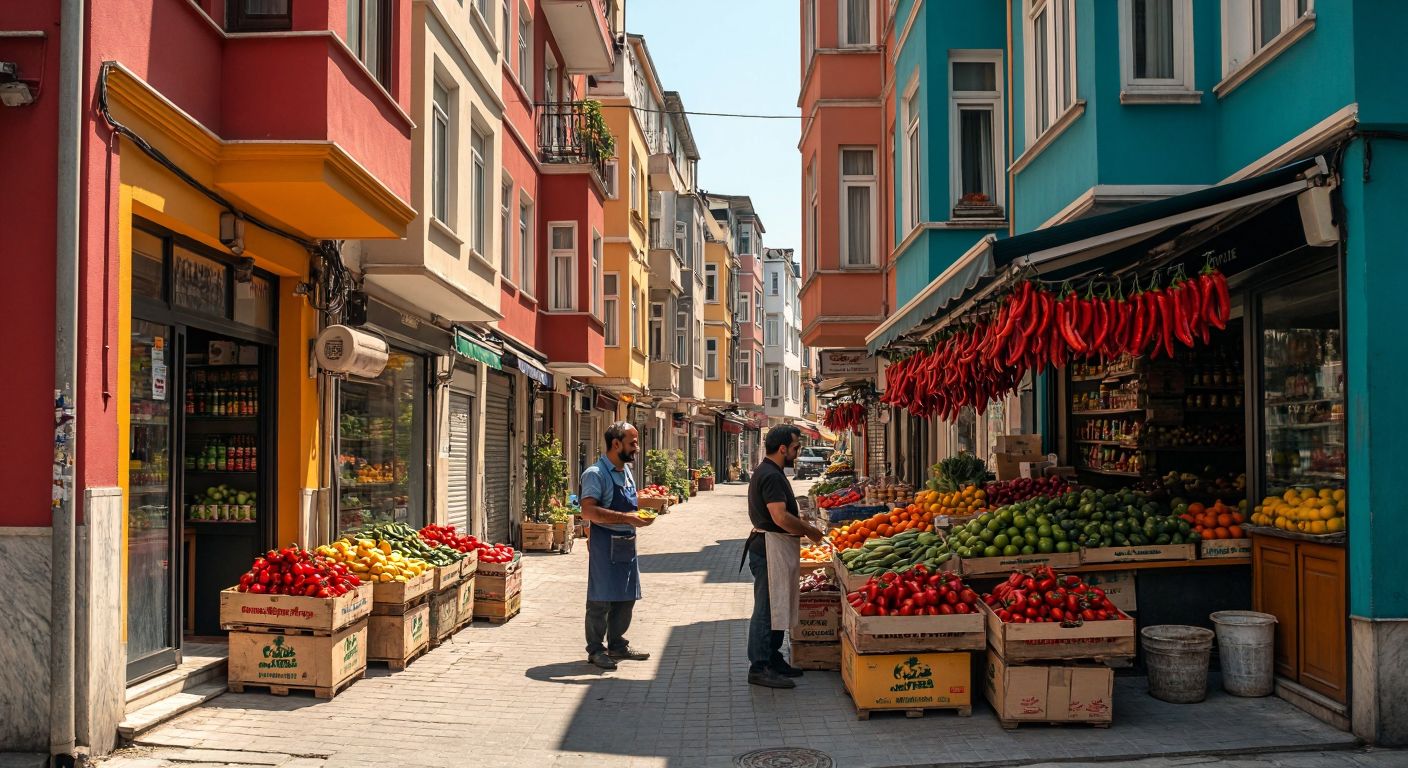 A narrow, sunlit Istanbul street lined with colorful apartment buildings, where a small, bustling bakkal with stacked crates of fresh produce and hanging strings of peppers sits at the corner, with a friendly shopkeeper in an apron chatting with a neighbor.